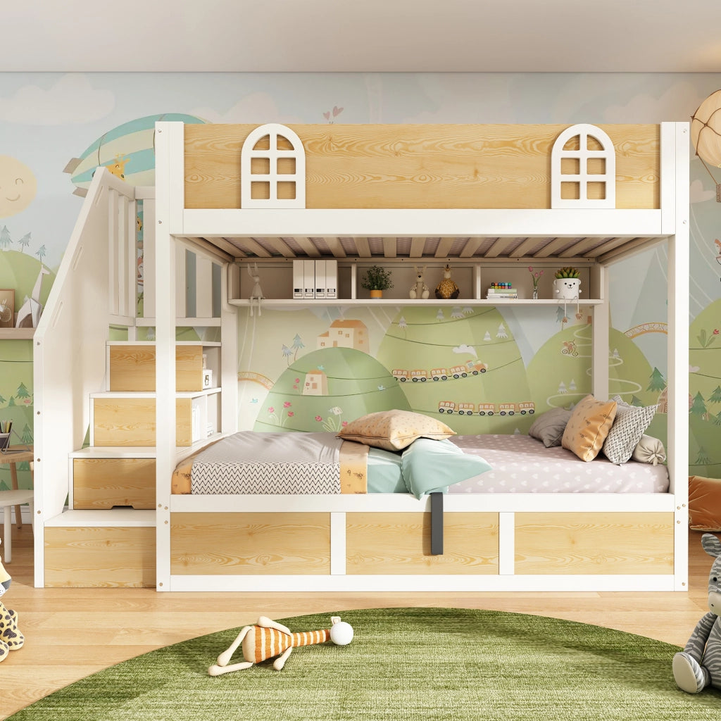 Letto a castello due posti 90 × 200 cm con scala contenitore e vano sollevabile in legno e metallo bianco naturale