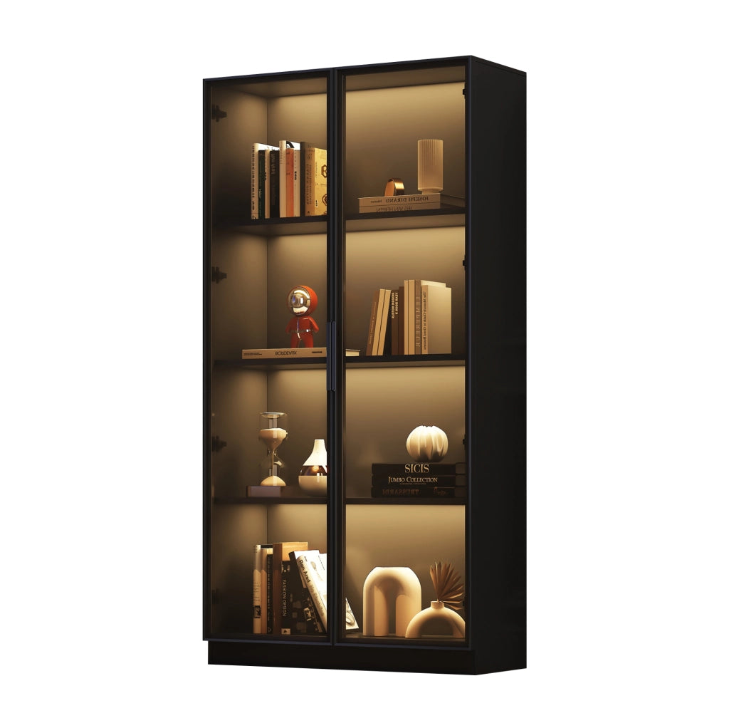 Vetrina in truciolato con porte in vetro e illuminazione LED controllabile tramite app, 80x40x160 cm, mobile alto per soggiorno nero