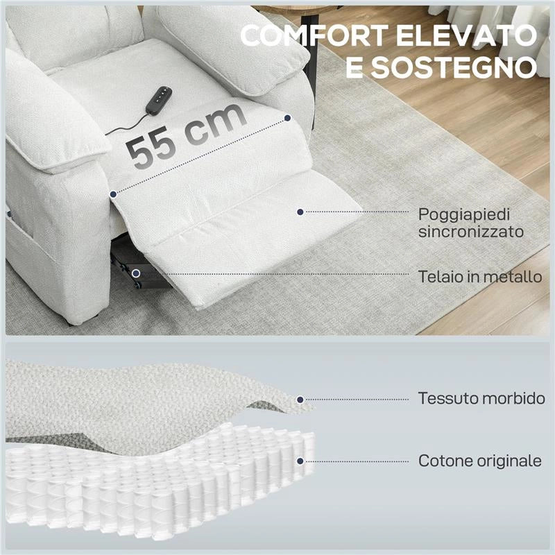 POLTRONA RECLINABILE 150¦ EFFETTO VELLUTO CON POGGIAPIEDI, TELECOMANDO E TASCA LATERALE, 96X90X103 CM, BEIGE