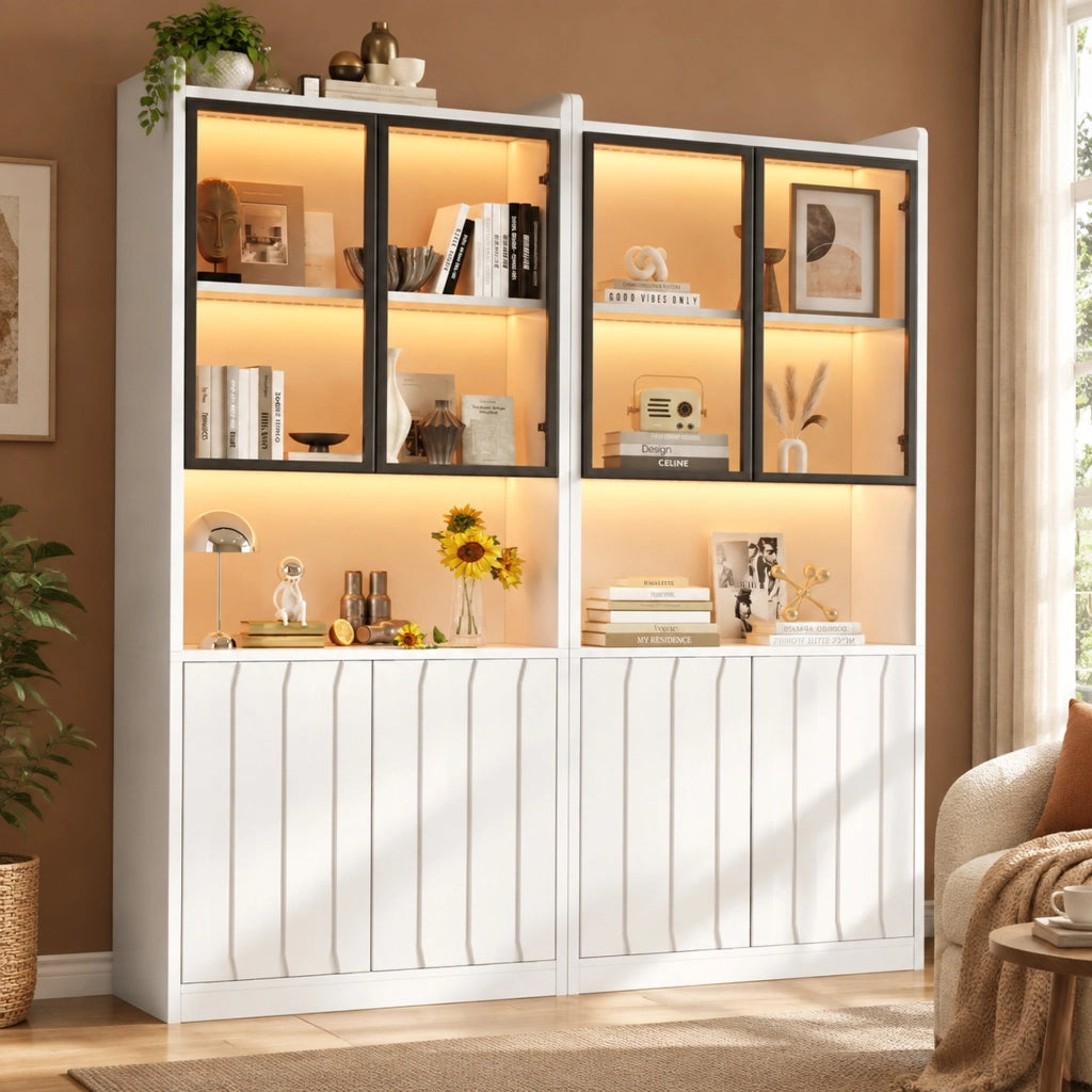 Vetrina con LED Bluetooth a 2 elementi; 8 ante di cui 4 in vetro temprato; bianca; 160 × 35 × 200 cm