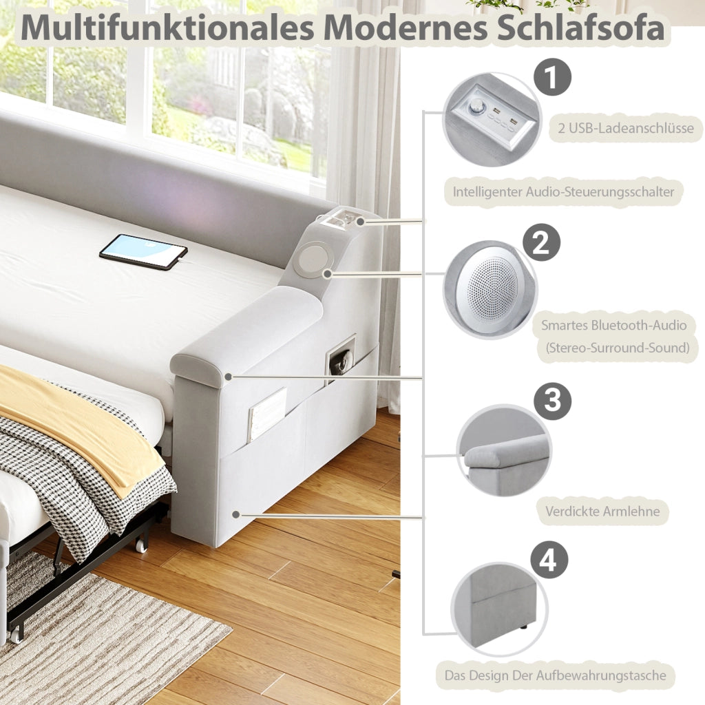 Divano letto 90 × 190 cm con apertura idraulica letto 180 × 190 cm; USB; Bluetooth; vani e rete a doghe