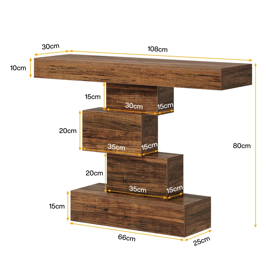 Consolle per ingresso con base geometrica e design a gradini in pannello truciolare E1 marrone scuro 108 × 30 × 80 cm