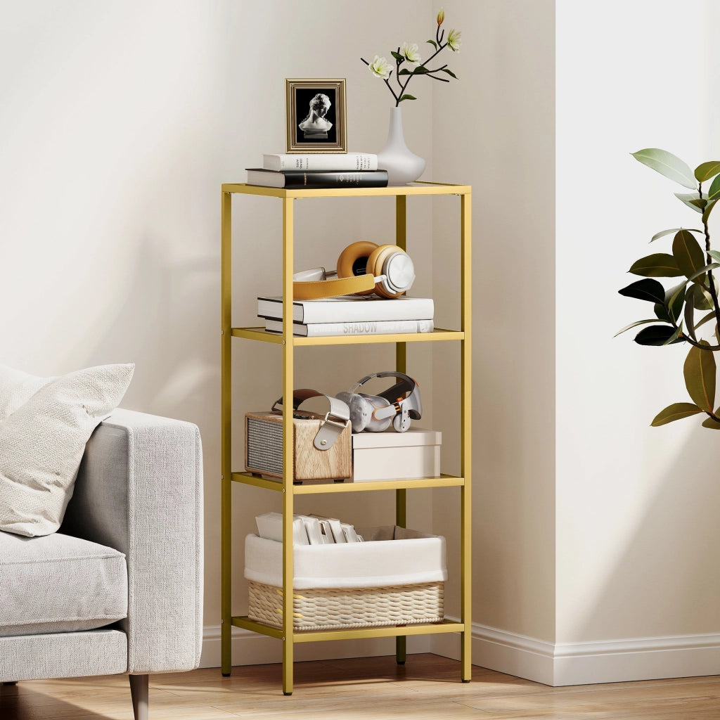 Scaffale a 4 Livelli in Metallo e Vetro Temperato, Mobiletto Salvaspazio per Casa, Design Moderno, Robusto, Color Oro, 40x30x96.5 cm