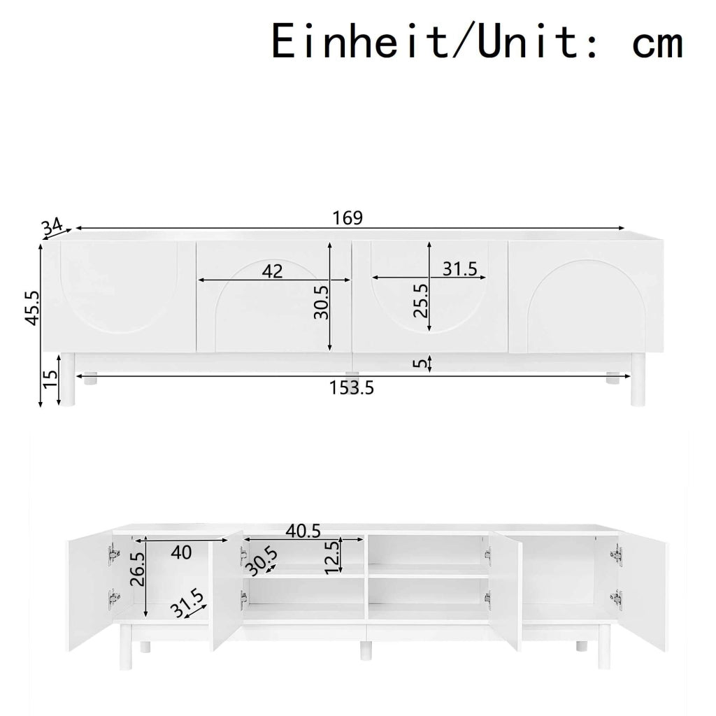 Mobile TV bianco 169x35x45,5 cm con ante ondulate, ripiani e gambe