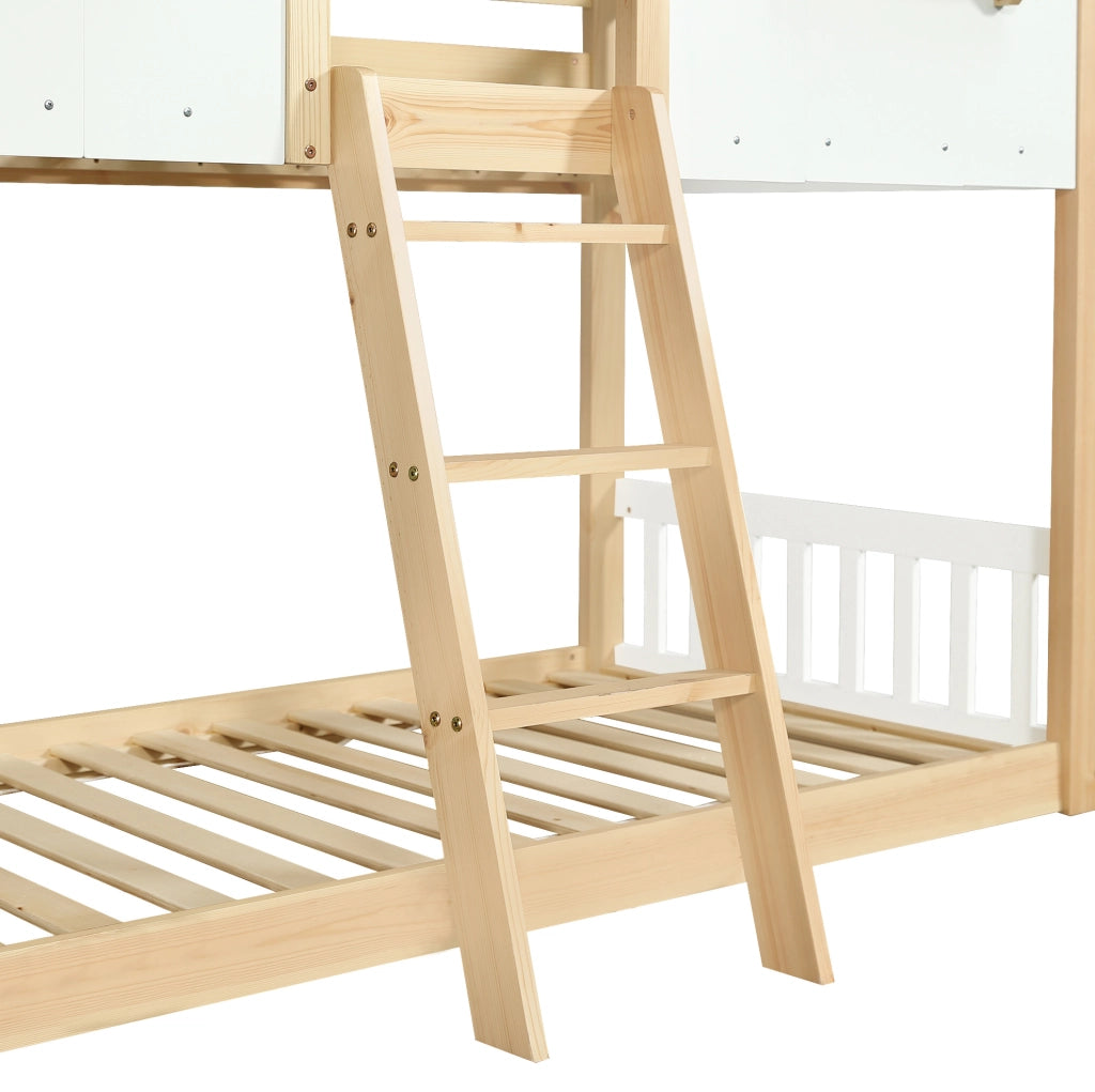 Letto a castello per bambini 90x200 cm bianco naturale con tetto, finestre e scala