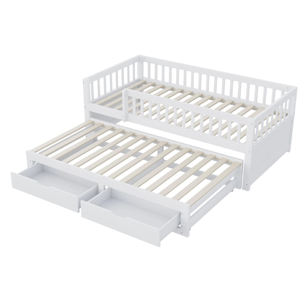 Letto con letto estraibile 90 × 200 cm con due cassetti rete a doghe e barriera perimetrale in legno bianco