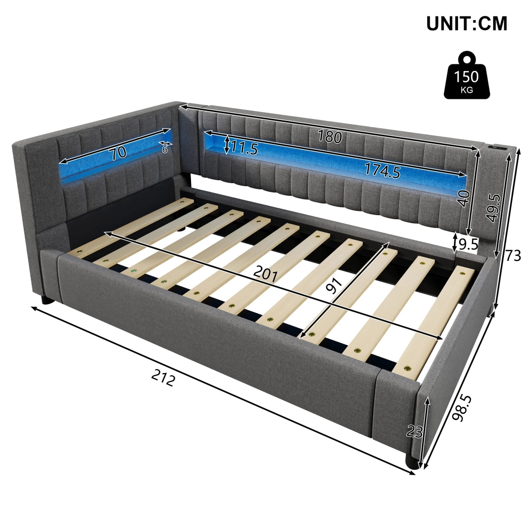 Letto salvaspazio singolo 90×200 cm con contenitore idraulico; LED; USB e Type-C; senza materasso; grigio
