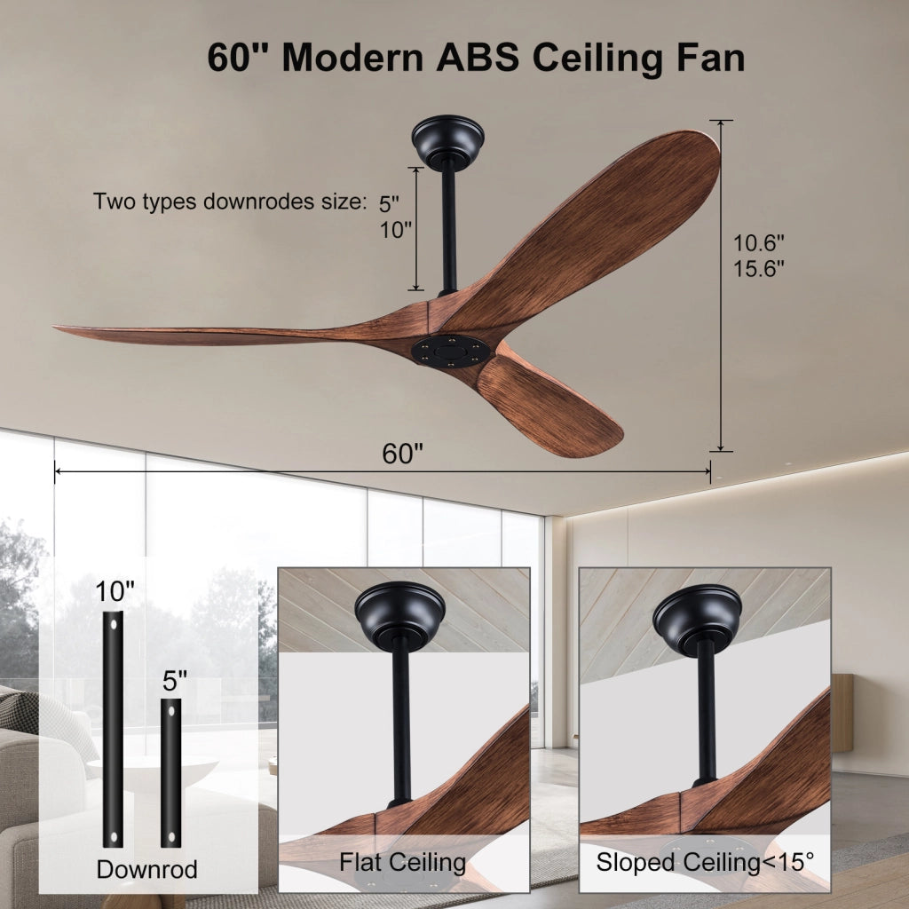 Ventilatore da soffitto 60 pollici senza luce con telecomando nero e noce