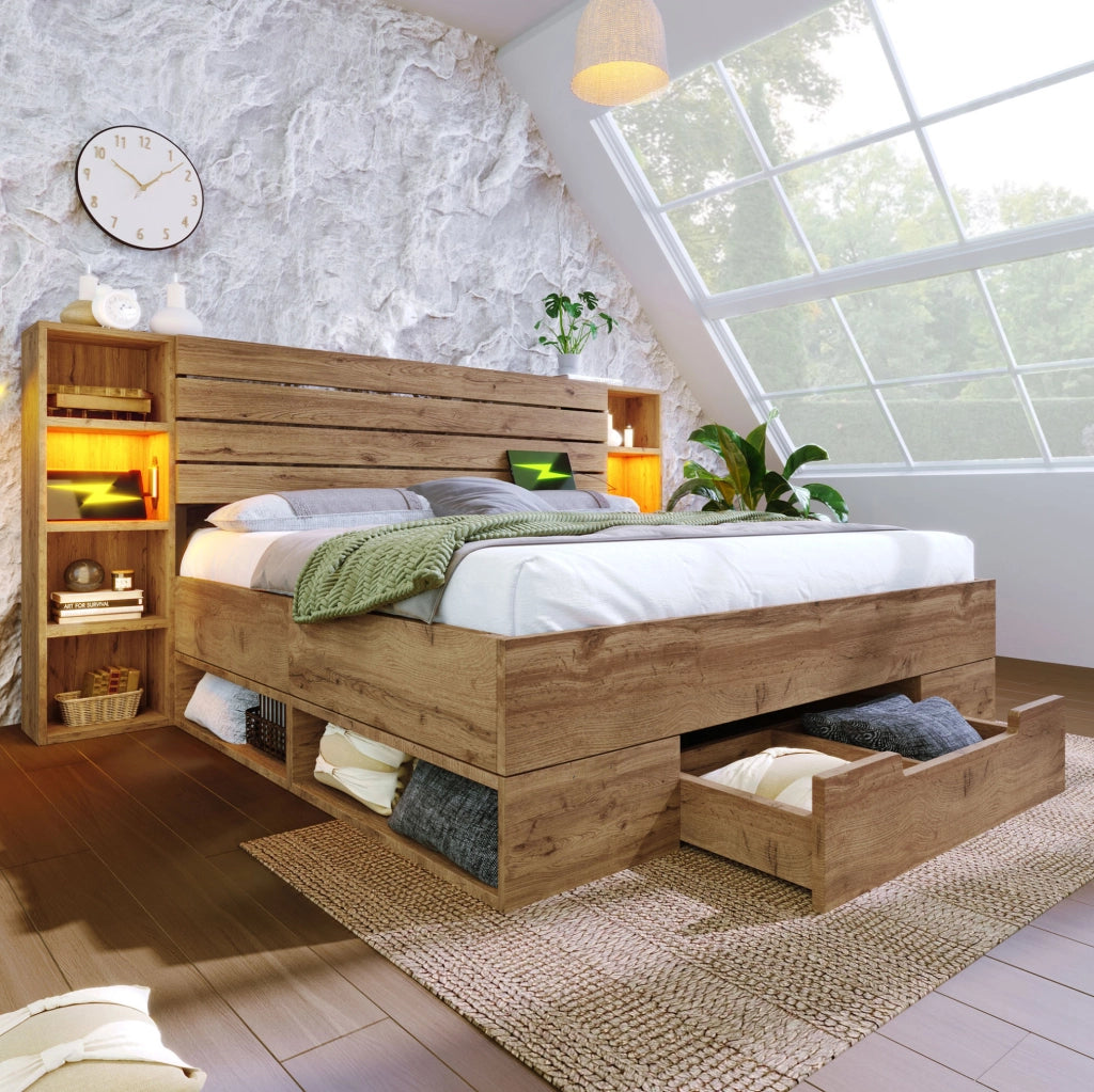 Letto matrimoniale 160x200 cm con LED; USB e Type-C; ripiani e 2 cassetti; rovere