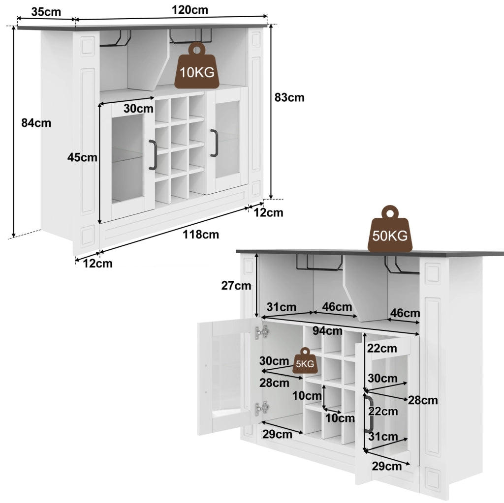Mobile bar per vini 120x35x84 cm con LED RGB; portabicchieri e 12 vani; MDF bianco