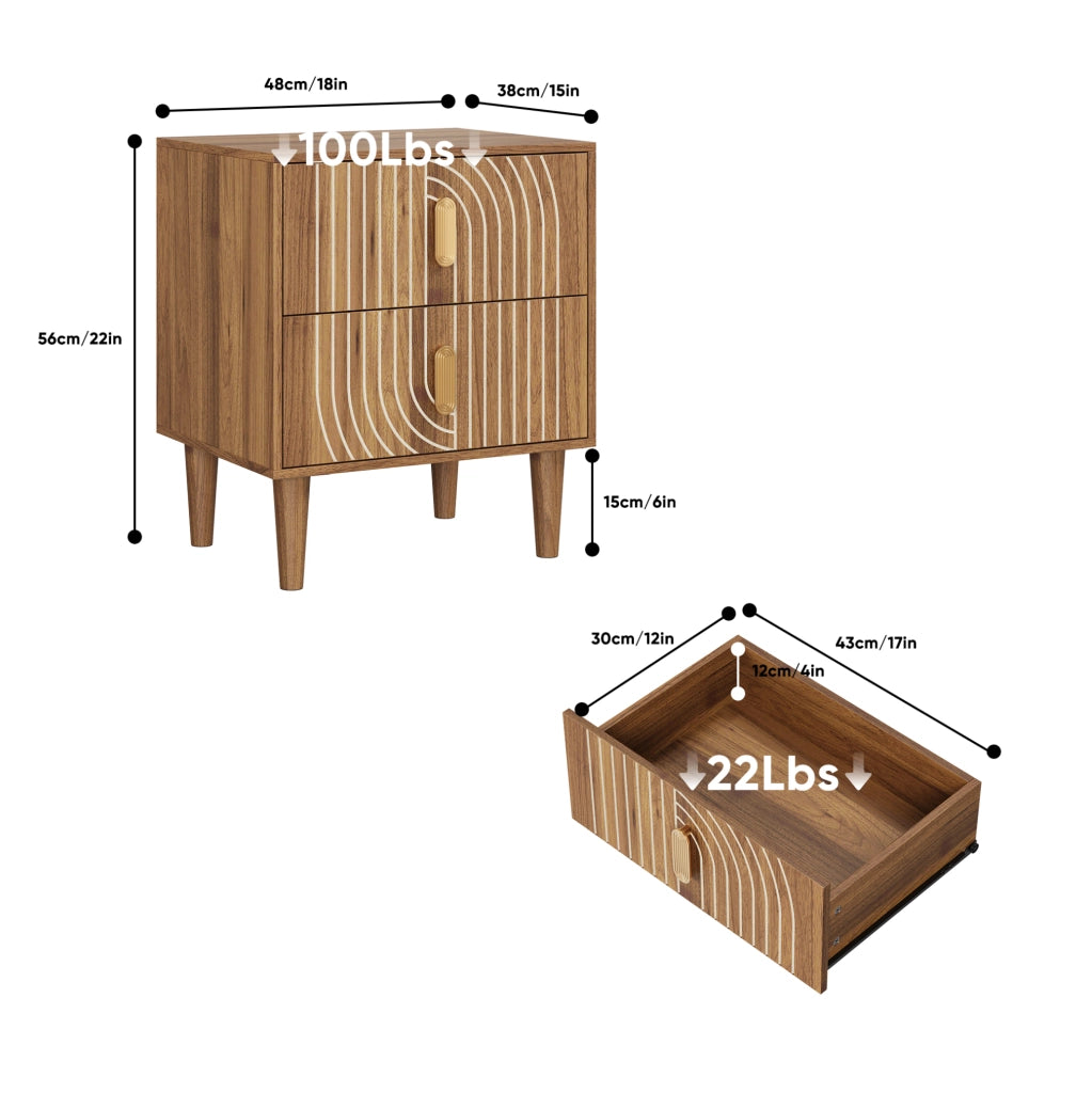 Comodino Bohemien in impiallacciatura noce con 2 cassetti e design geometrico a linee incise