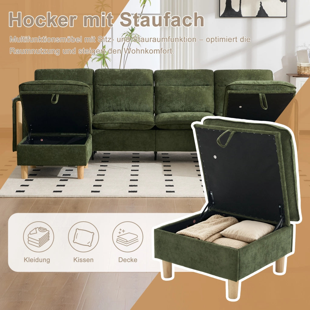 Divano modulare U a 4 posti - con contenitore e cuscini laterali - in chenille verde