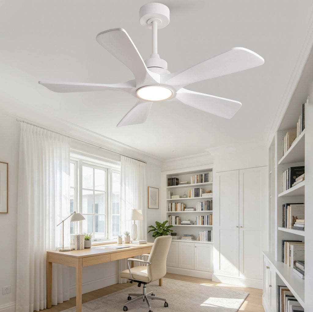 Ventilatore a soffitto 42" bianco con pale in legno massello, telecomando wireless, LED dimmerabile 3CCT, 6 velocità con memoria spegnimento