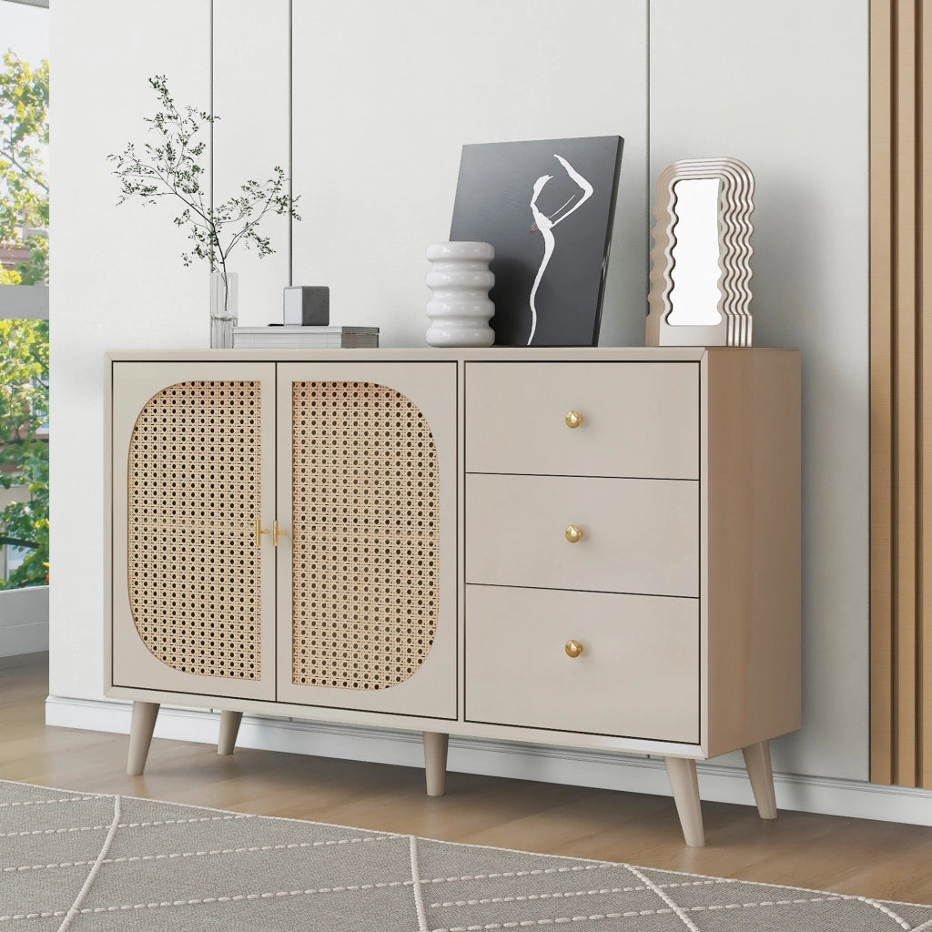 Credenza e madia con 2 ante e 3 cassetti, finitura rattan, per soggiorno e sala da pranzo, in truciolare, bianco