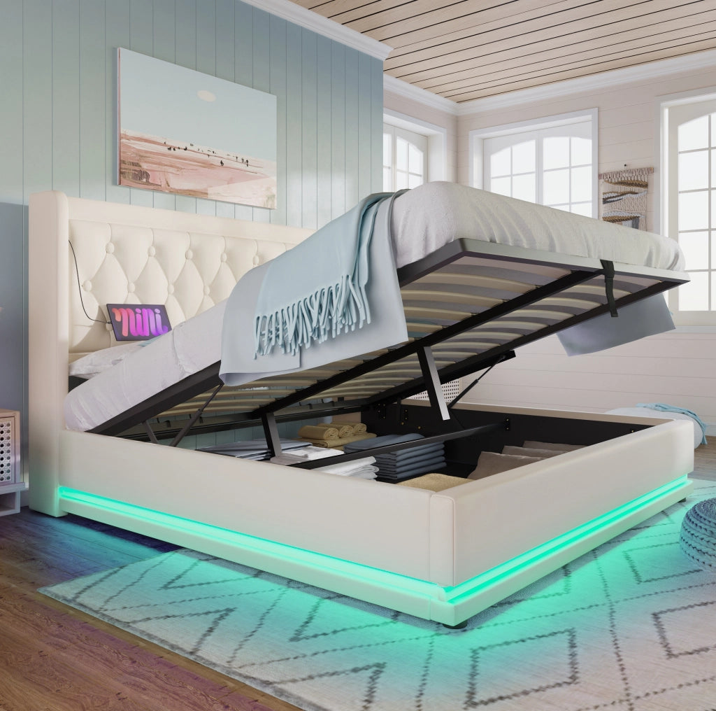 Letto matrimoniale 140x200 cm con contenitore idraulico; LED e USB-C; rivestimento in PU bianco