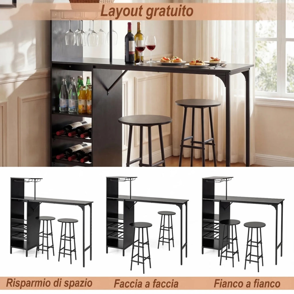 Set tavolo e sgabelli da bar 3 pezzi neri, design industriale, con portabicchieri e 6 portabottiglie, 120 cm, robusto, salvaspazio per casa