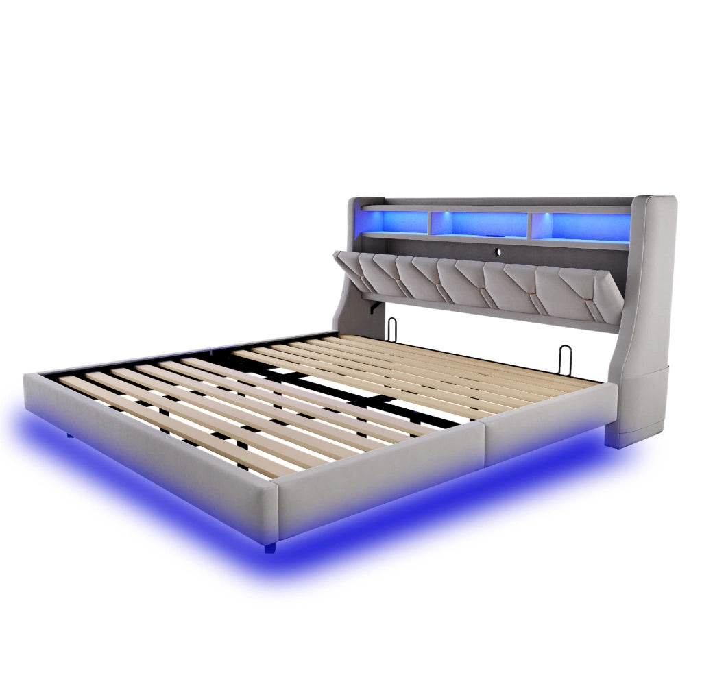 Letto imbottito 180x200 cm con testiera multifunzione, LED e prese integrate