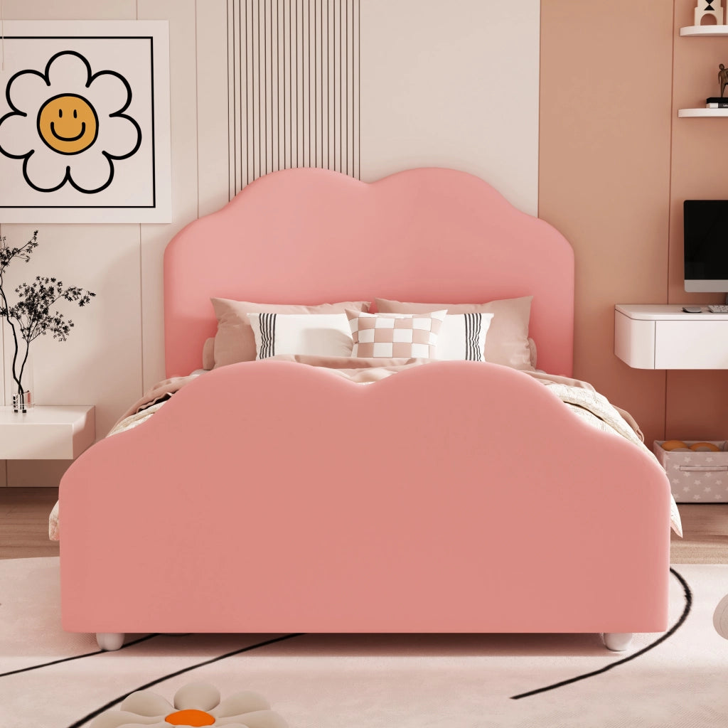 Letto per bambini singolo 90 × 200 cm con barriera alta; senza materasso; imbottito in velluto rosa