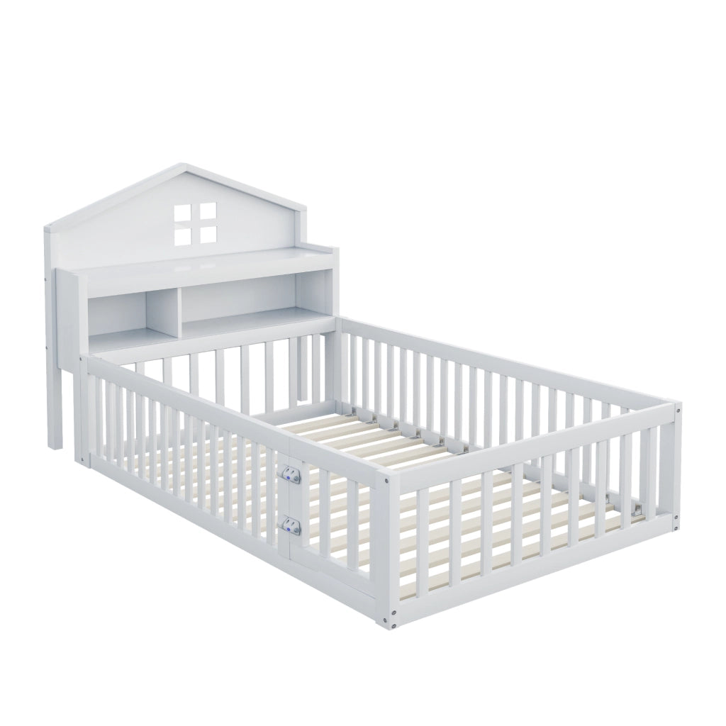 Letto a casetta per bambini 90 x 200 cm in legno massello; bianco; con sponde e scaffali