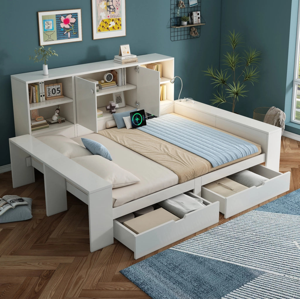 Letto matrimoniale 140x200 cm con cassetti; vano contenitore e prese USB/USB-C bianco HOMVRA