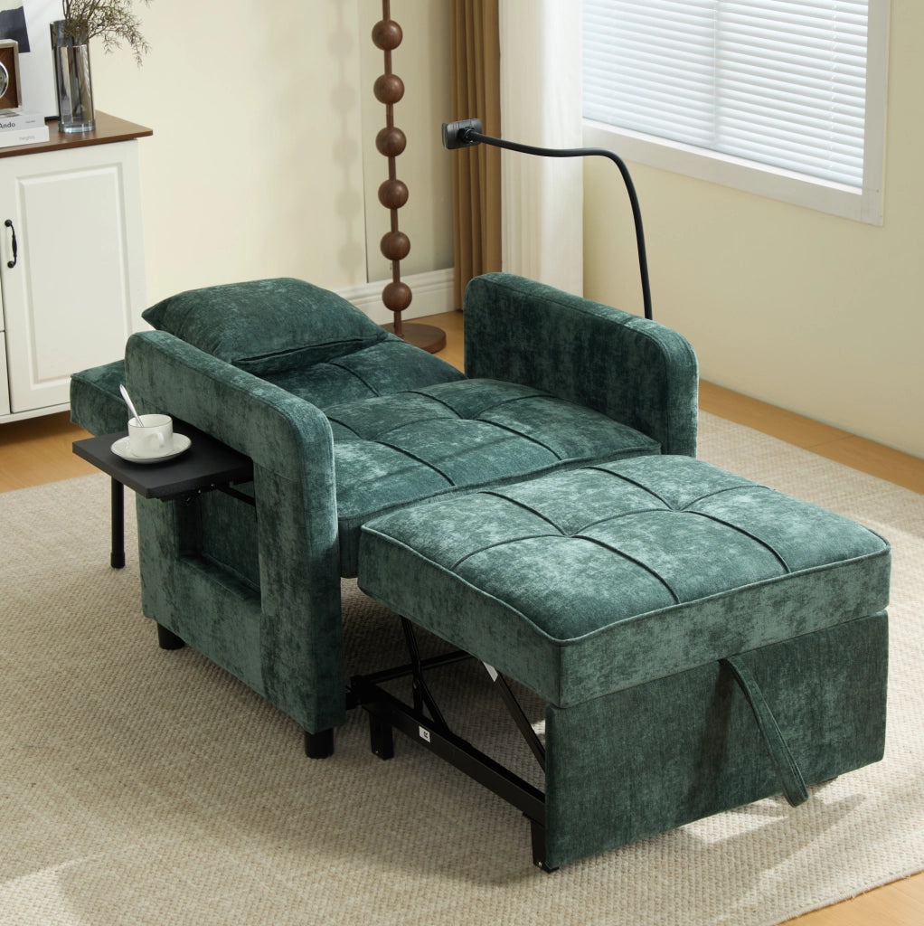 Poltrona letto 2-in-1 in chenille verde con cuscino, tasche laterali e tavolino integrato