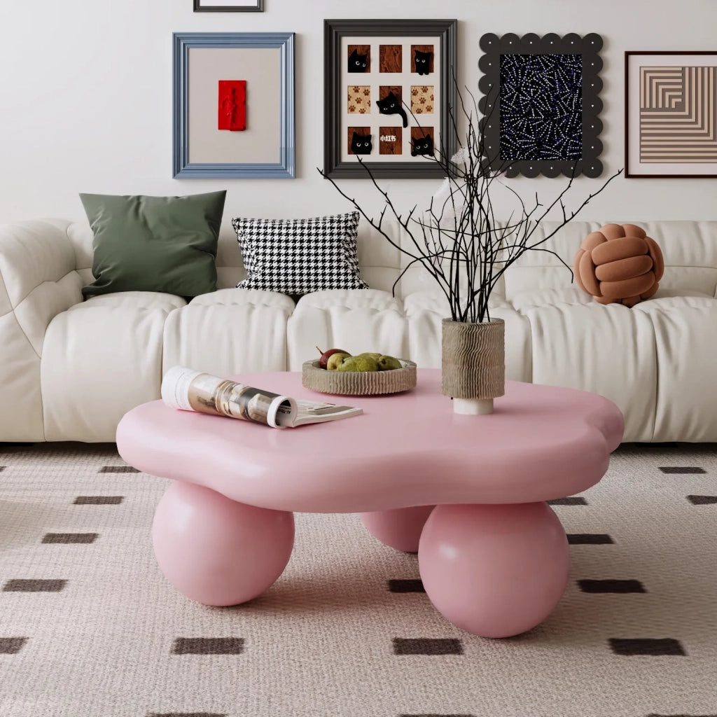 Tavolino da Caffè Rosa a Forma di Nuvola e Petali, 80 cm, Design Minimalista con Gambe Sferiche, Salvaspazio per Piccoli Appartamenti, Adatto a Bambini e Animali