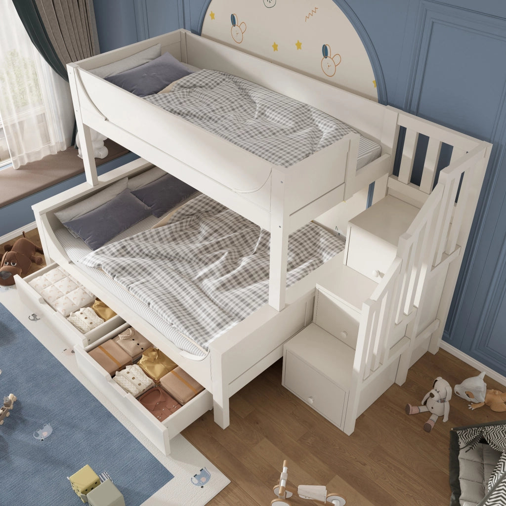 Letto a castello per bambini 90x200/140x200 cm con scala contenitore; cassetti; parapetto; rete a doghe; legno; bianco