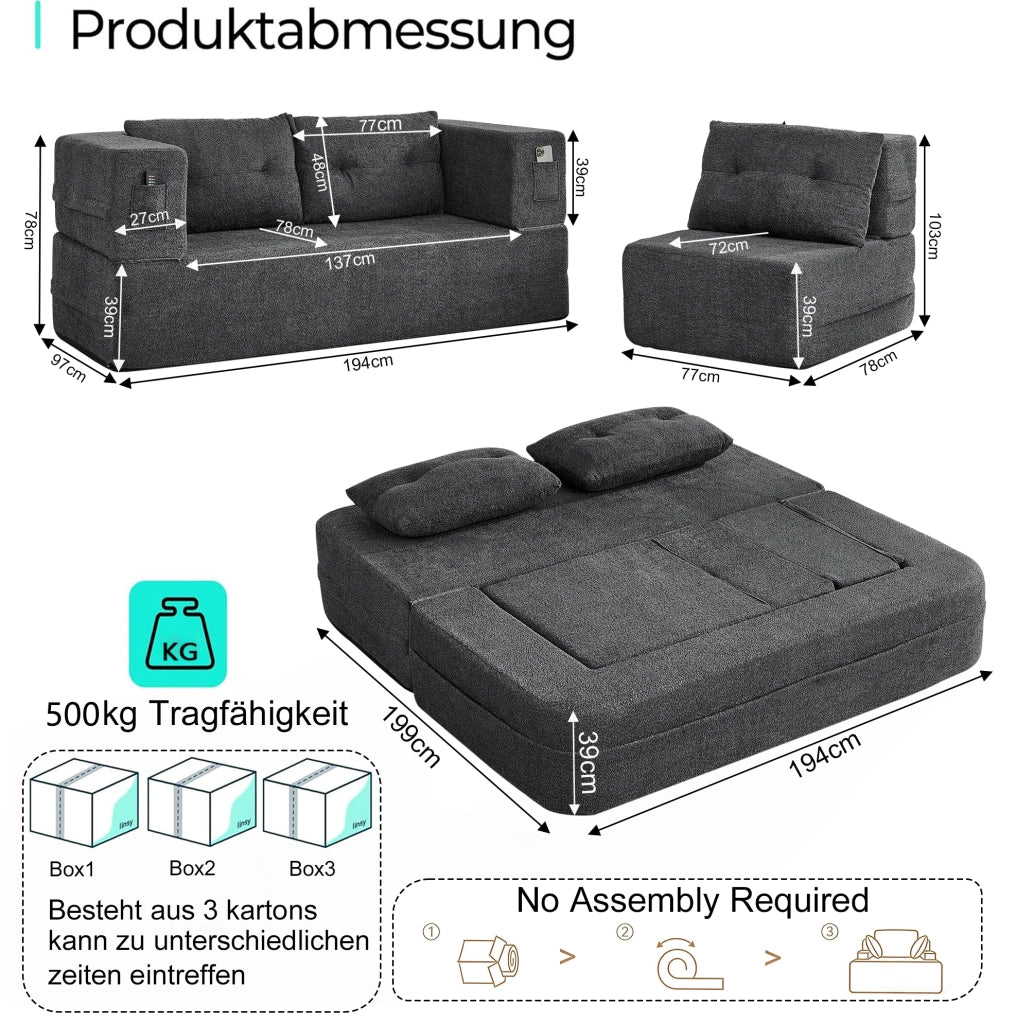 Divano Modulare 2 posti con Poltrona Trasformabile in Letto, Memory Foam, Tessuto Grigio Chiaro, con Tasche Laterali