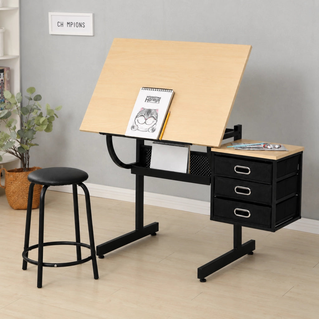 Tavolo da disegno e da lavoro in acero con sgabello e 3 cassetti, acero