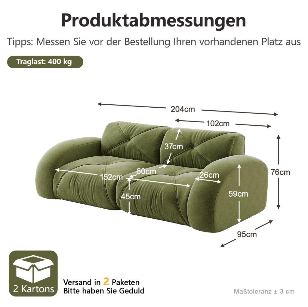 Sofa modulare a 2 posti senza telaio con schiuma ad alta densità 32D e rivestimento in tessuto chenille verde