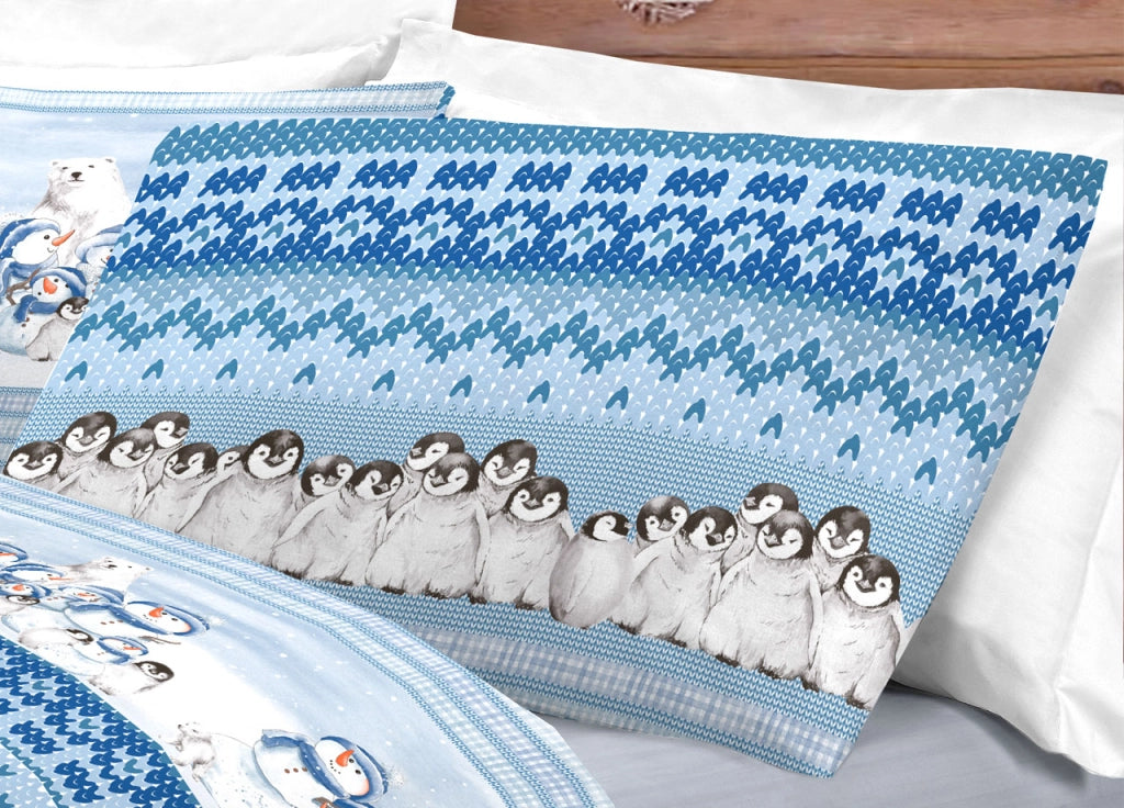Completo Lenzuola Letto Pensieri Delicati 100% Cotone Dis. Inverno Polare - Piazza E Mezza - Blu