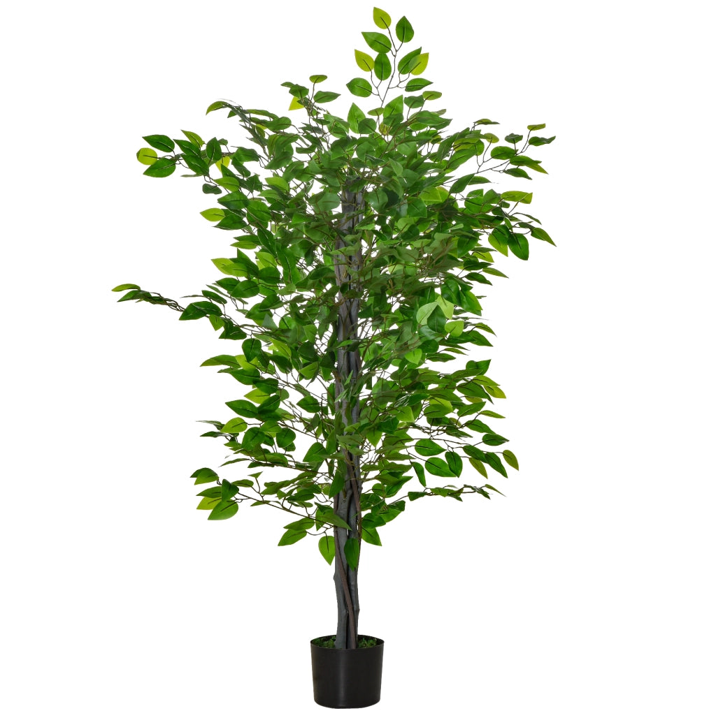 Ficus artificiale ULEVR 135 cm in vaso nero, pianta decorativa verde in plastica con base in cemento