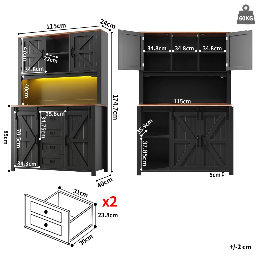 OKWISH Credenza alta da cucina con ante scorrevoli e 2 cassetti, ripiani regolabili e LED, per cucina, 115 × 40 × 174,7 cm
