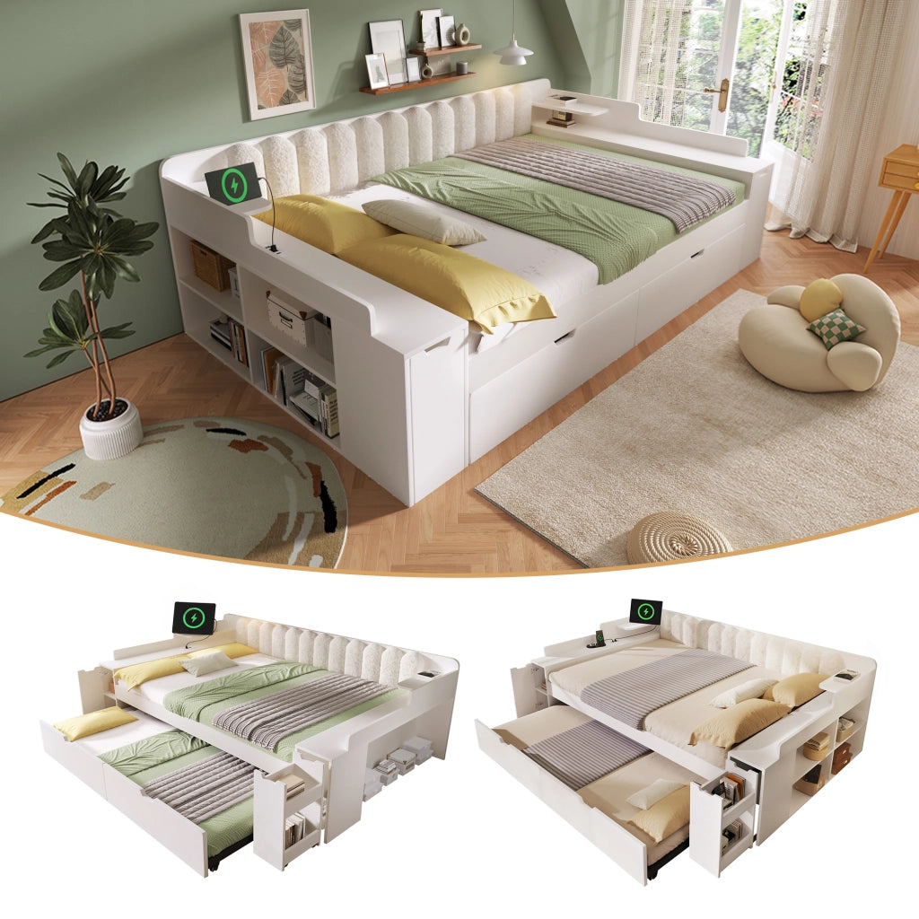 Letto estraibile matrimoniale 140x190 cm; rete a doghe metalliche; stazione di ricarica; contenitore nascosto; legno; schienale sherpa; bianco