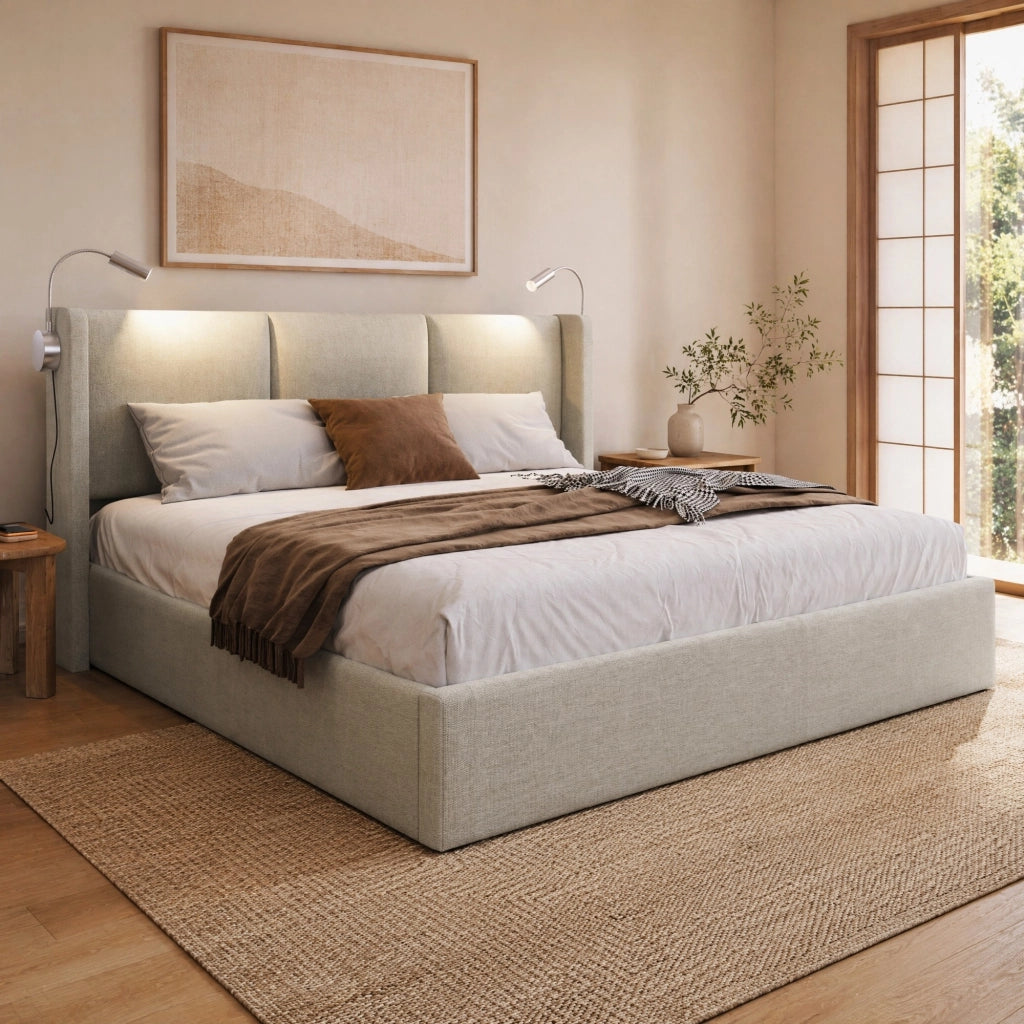 Letto matrimoniale imbottito 140 ¡Á 200 cm con contenitore in lino beige luce da lettura e ricarica USB