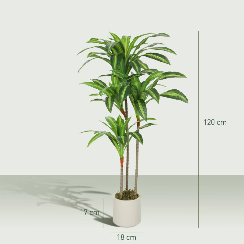 Dracaena artificiale 120 cm con fusti modellabili e vaso bianco in PP; pianta decorativa verde per casa e ufficio