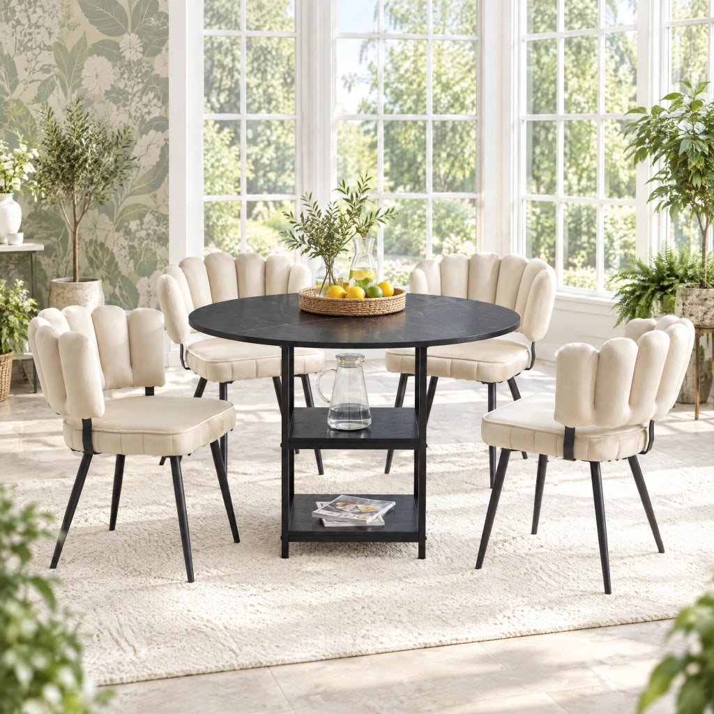 Set tavolo da pranzo rotondo Ø107 cm con 4 sedie in tessuto marrone chiaro HOMVRA