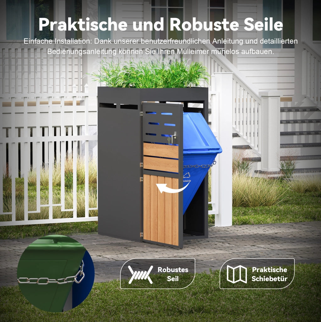 Armadio da esterno multifunzione in acciaio zincato con fioriera integrata, serratura e ventilazione a lamelle – senza contenitore per rifiuti, 66x80x128 cm