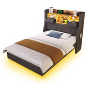 Letto singolo 90 × 200 cm 1 posto con LED regolabile; testiera contenitore; 3 USB e Type-C; senza materasso; grigio