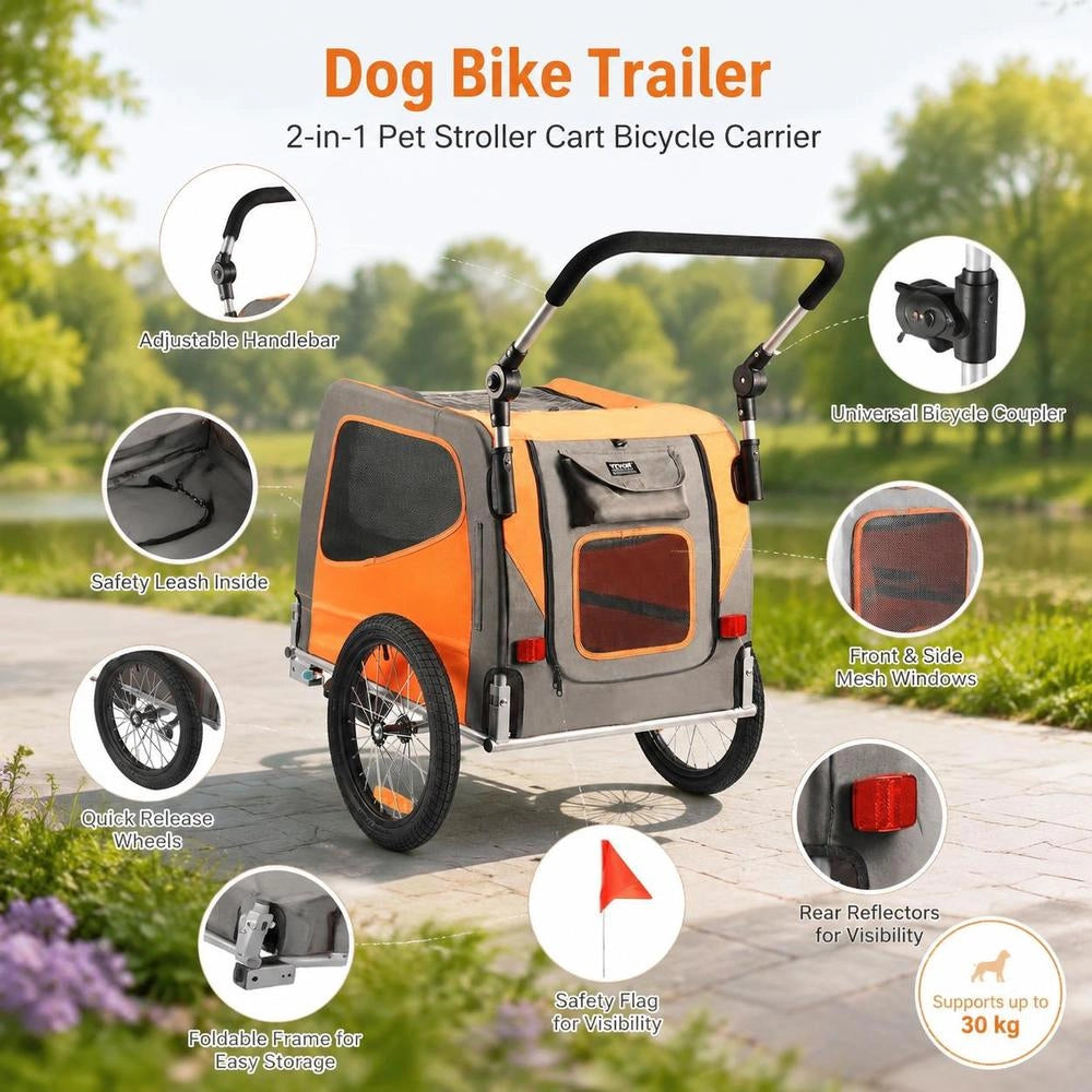 Dog Bike Trailer, Carries Up To 30 Kg, 2-in-1 Bike Carrier For Pet Strollers, Easily Foldable Frame With Quick-release Wheels, Universal Bike Hitch, Reflectors