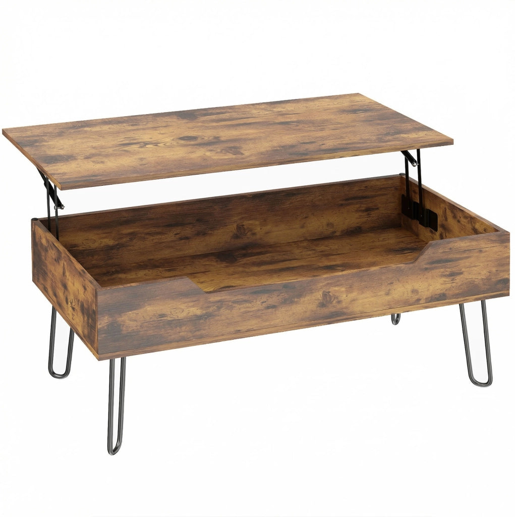 Tavolino da caffè rettangolare con piano sollevabile e vano nascosto; MDF color noce
