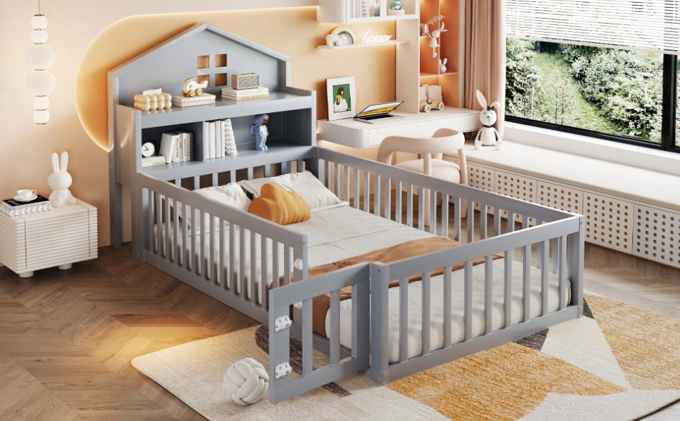 Letto per bambini a casetta 90 × 200 cm in legno grigio con rete a doghe protezione e vani contenitore