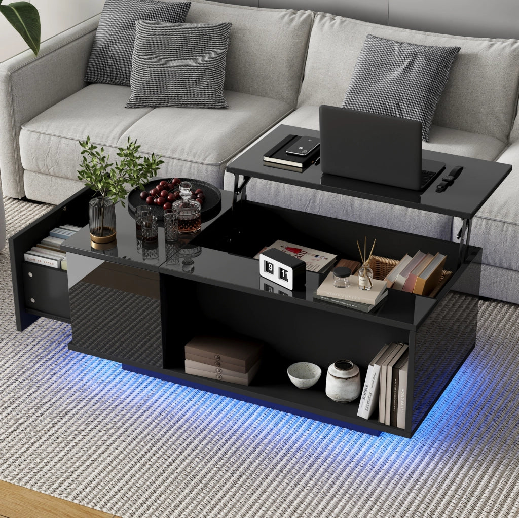 Tavolino da caffè elevabile 100 x 50 x 40 cm con vano nascosto; cassetto e LED Bluetooth nero