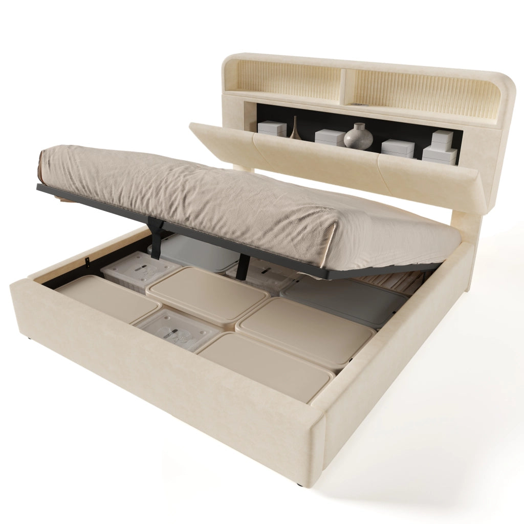 Letto Imbottito 140x200 cm Beige con Materasso H3; Contenitore Idraulico; LED e USB Type-C