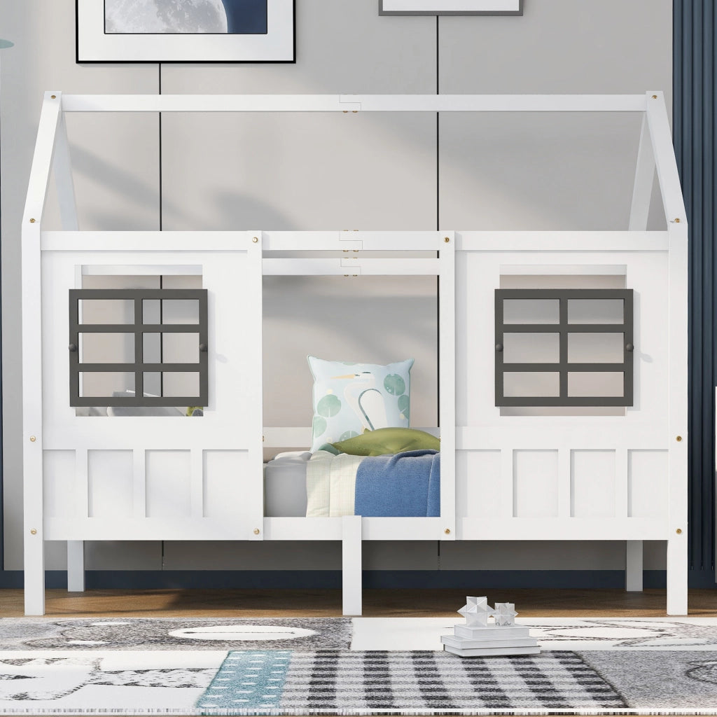 Letto a forma di casetta per bambini con 2 finestre; 200 x 90 cm; pino e MDF bianco