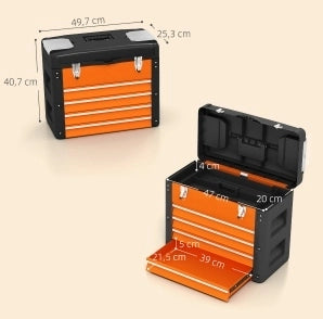 Cassettiera portautensili in acciaio con 4 cassetti, 49,7 x 25,3 x 40,7 cm, arancione, con vassoio superiore rimovibile e maniglia