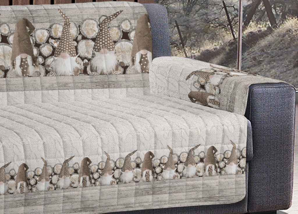Copridivano Trapuntato Disegno Gnomi Colore Beige - 3 Posti - Beige