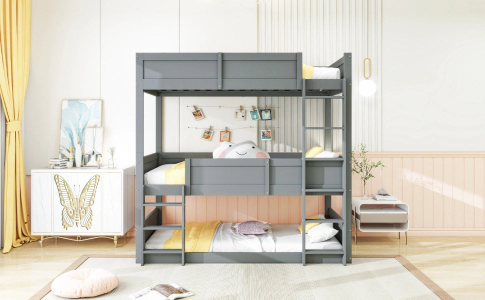 Letto a castello triplo per bambini 90 × 200 cm in legno grigio modulare con sponde alte e tre posti letto