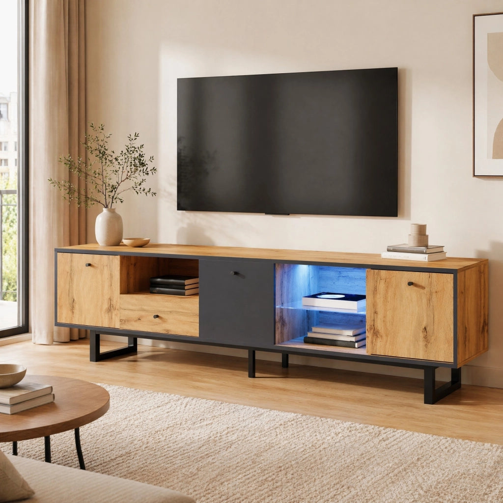Mobile TV basso moderno con LED, ante con cerniere ammortizzate, 3 ante, 3 scomparti e 1 cassetto