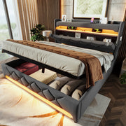 Letto matrimoniale imbottito 140 ¡Á 190 cm con contenitore idraulico testiera con prese e LED grigio lino
